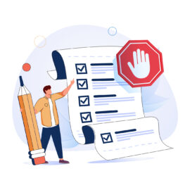 Rules and regulations, policy and guideline for employee to follow, legal term, corporate compliance or laws, standard procedure concept, businessman finish writing rules and regulations document.