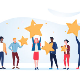 People are holding stars over the heads. Feedback consumer or customer review evaluation, satisfaction level and critic icon concept